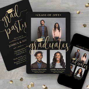 Invitation Double Graduation 2 Grads Black & Gold Joint Photo