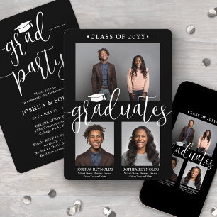 Invitation Double Graduation 2 Grads noir blanc photo conjoin