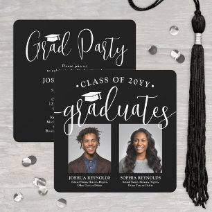 Invitation Double Graduation 2 Photos Black White Joint Party