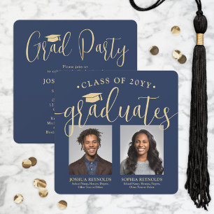 Invitation Double Graduation 2 Photos Marine & Gold Joint Par