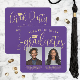 Invitation Double Graduation 2 Photos Purple Gold Joint Party