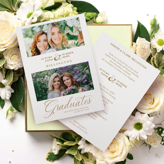 Invitation Double Graduation Chic Gold 2 Photos Script modern (Créateur téléchargé)