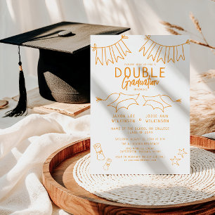 Invitation Double Graduation du Doodle Orange tendance