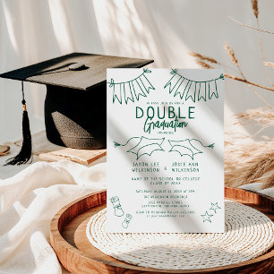 Invitation Double Graduation du Doodle Vert tendance