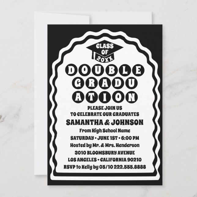 Invitation Double Graduation moderne Gras Noir Arch Wavy (Devant)