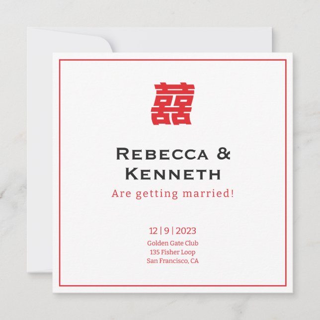 Invitation Double happiness Chinese American save the date (Devant)