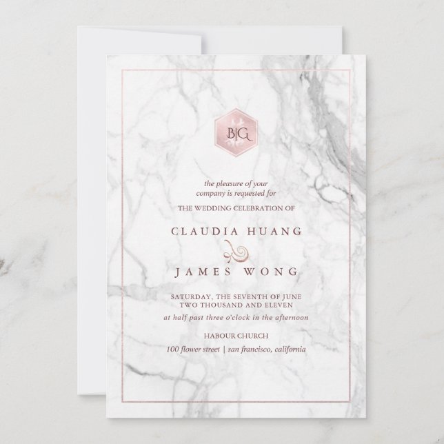 Invitation Double Happy Marble Faux Rose Gold, chinois (Dos)