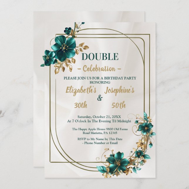 Invitation Double joint floral Gold Green (Devant / Derrière)