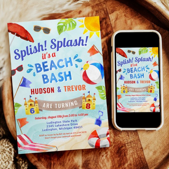 Invitation Double Jumeau Plage Bassin Été Enfant Anniversaire (Dual Joint Double Beach Bash Summer Boy Birthday Invitation)