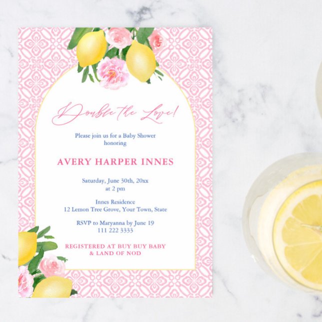 Invitation Double L'Amour Citrons Roses Fête de Naissance de  (Double The Love Italian Lemons With Pink Tiles Baby Shower Invitation For Twin Girls)