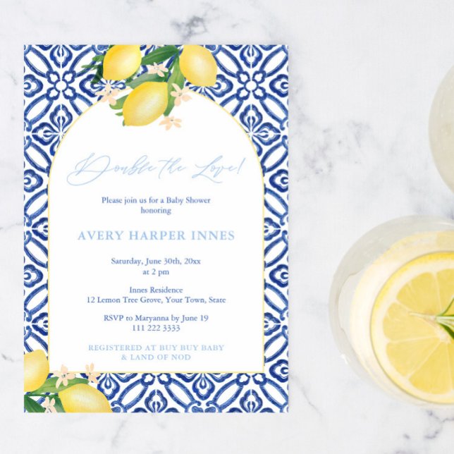 Invitation Double Le Baby shower Italien D'Amour Pour Jumeaux (Double The Love Italian Lemons Theme Baby Shower Party Invitation to welcome twin boys)