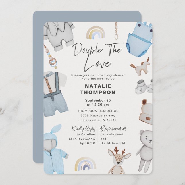 Invitation Double le Baby shower Love Clothes Twin Boys (Devant / Derrière)