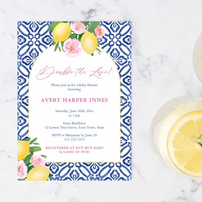 Invitation Double Le Baby shower Love Positano Lemons Twins (Arch Shape Double The Love Citrus Vintage Blue Tile Positano Twin Girls Baby Shower Invitation)
