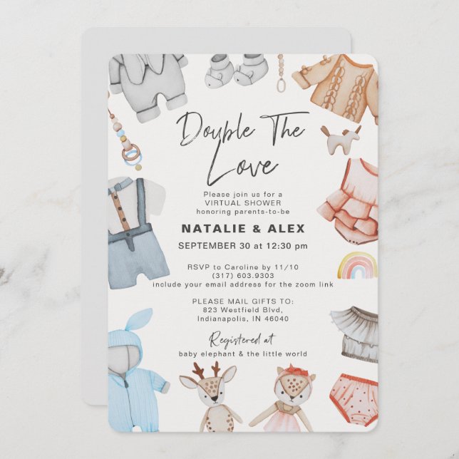 Invitation Double le Love Twins Boy Girl Baby shower virtuel (Devant / Derrière)