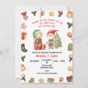 Invitation Double le plaisir, elves Christmas Twins 1er anniv