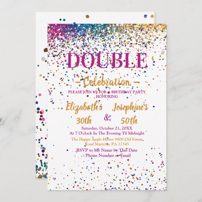 Invitation Double mixte adulte coloré fête d'anniversaire (Devant / Derrière)