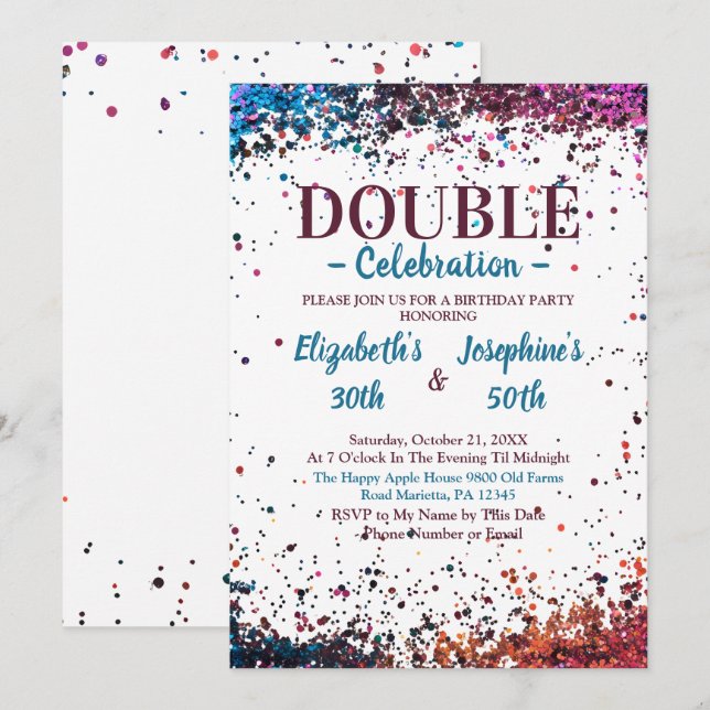 Invitation Double mixte adulte fête d'anniversaire Confett co (Devant / Derrière)