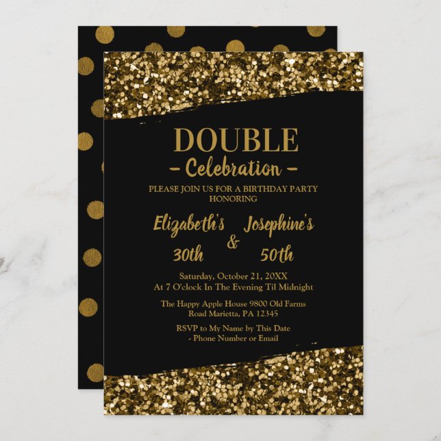 Invitation Double mixte adulte fête d'anniversaire | Or noir (Devant / Derrière)