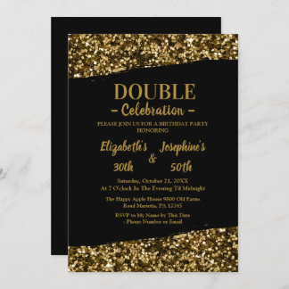 Invitation Double mixte adulte fête d'anniversaire | Or noir