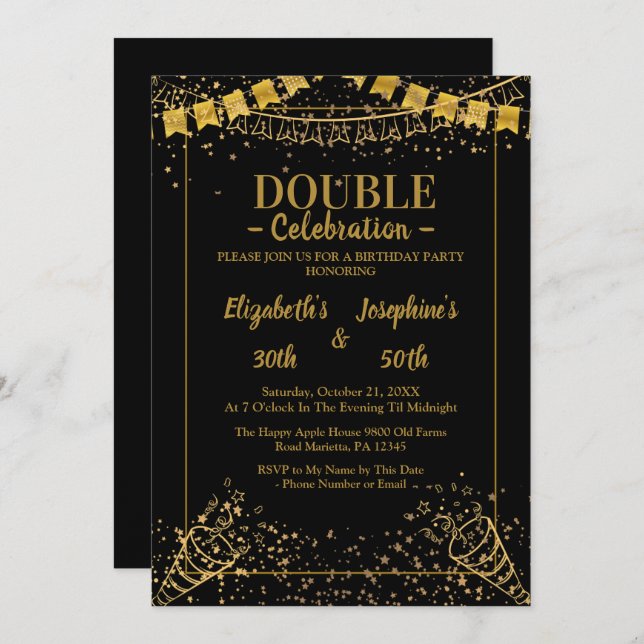 Invitation Double mixte adulte fête d'anniversaire | Or noir (Devant / Derrière)