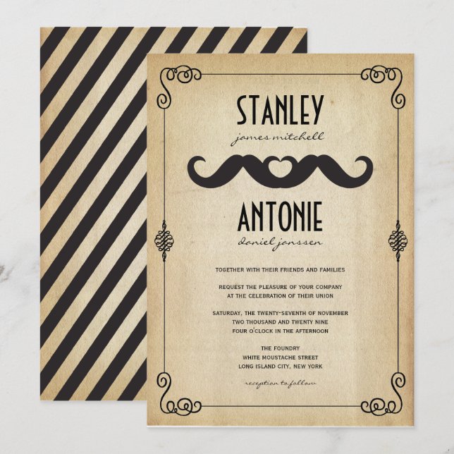 Invitation Double Moustaches Aiment Papier Vintage Mariage Ga (Devant / Derrière)