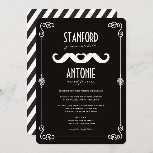 Invitation Double Mustaches Aimer Vintage Classic Gay Mariage (Devant / Derrière)