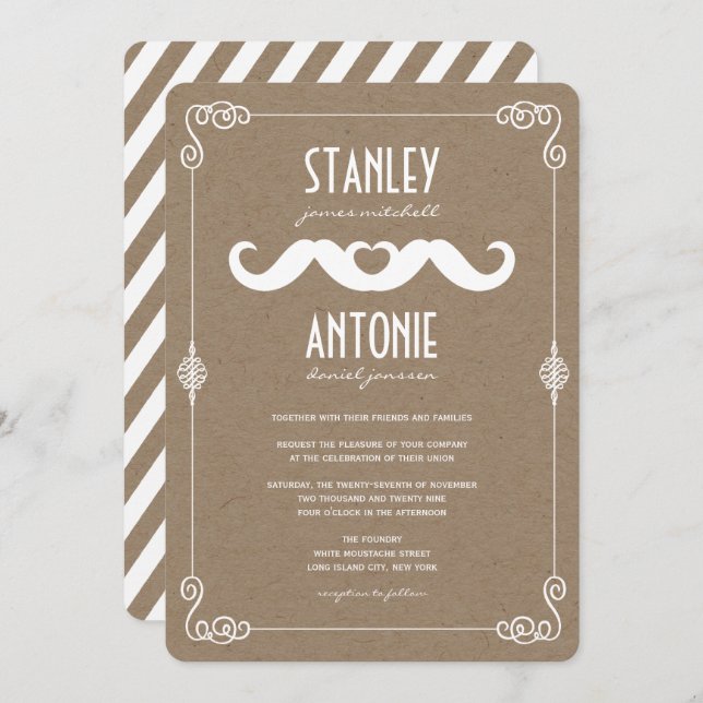 Invitation Double Mustaches Aimer Vintage Kraft Gay Mariage (Devant / Derrière)