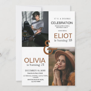 Invitation Double photo Anniversaire moderne blanc noir