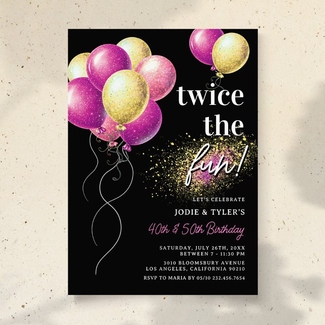 Invitation Double Rose et Or Ballon Joint Anniversaire (Créateur téléchargé)