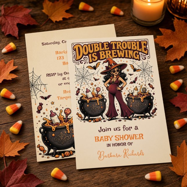 Invitation Double Trouble est en préparation Jumeaux Hallowee (Double Trouble is Brewing Halloween Twins Baby Shower Invitation)