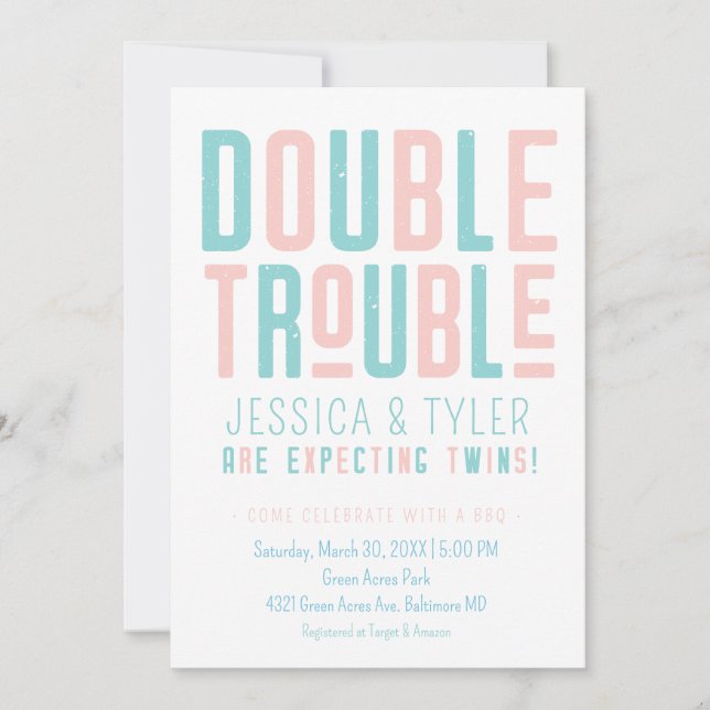 Invitation Double Trouble Twin Boy/Girl Baby shower (Devant)
