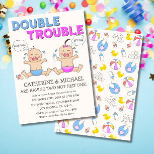 Invitation Double Trouble Twin Boy & Girl Baby shower