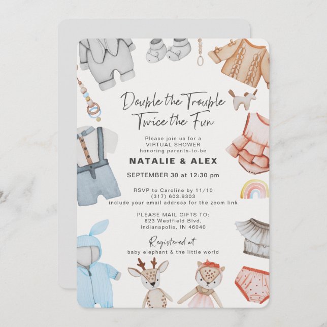 Invitation Double Trouble Twins Boy Girl Baby shower virtuel (Devant / Derrière)