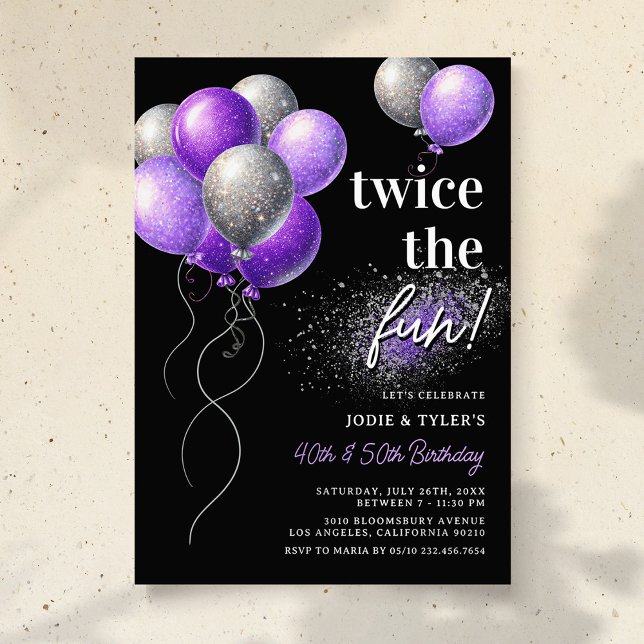 Invitation Double Violet et Argent Ballon Joint Anniversaire (Créateur téléchargé)