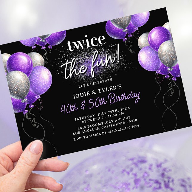 Invitation Double Violet et Ballon Argent Anniversaire Commun (Créateur téléchargé)