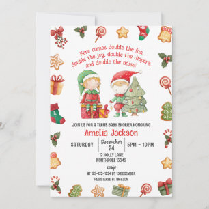 Invitation Doubler le plaisir, elfes Noël Twins Baby shower
