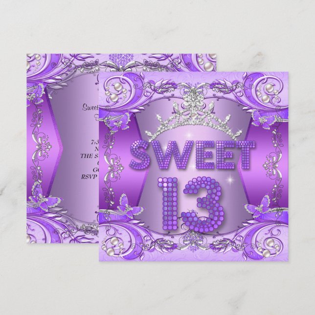 Invitation Douce 13 13e Anniversaire Fête Tiara Violet Argent (Devant / Derrière)
