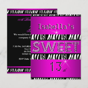 Invitation Douce 13 13e Anniversaire Zèbre Rose Chaud Noir