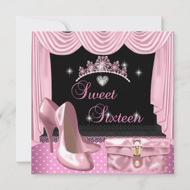 Invitation Douce 16 16e Anniversaire Rose Noir Blanc (Devant)