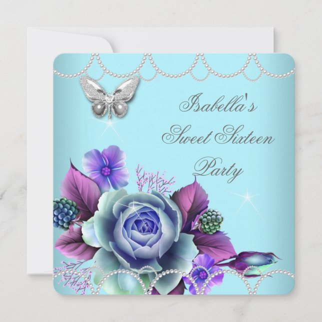 Invitation Douce 16 16ème Fleur Teal Violet Papillon Perle (Devant)