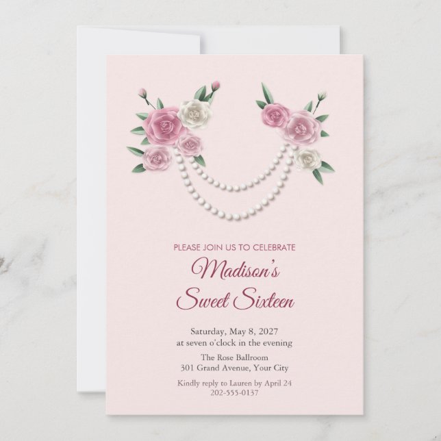Invitation douce 16 ans Collier de perles et roses (Devant)