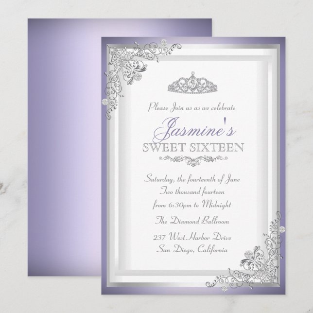 Invitation douce 16 ans Damassé Argent Violet & Ti (Devant / Derrière)