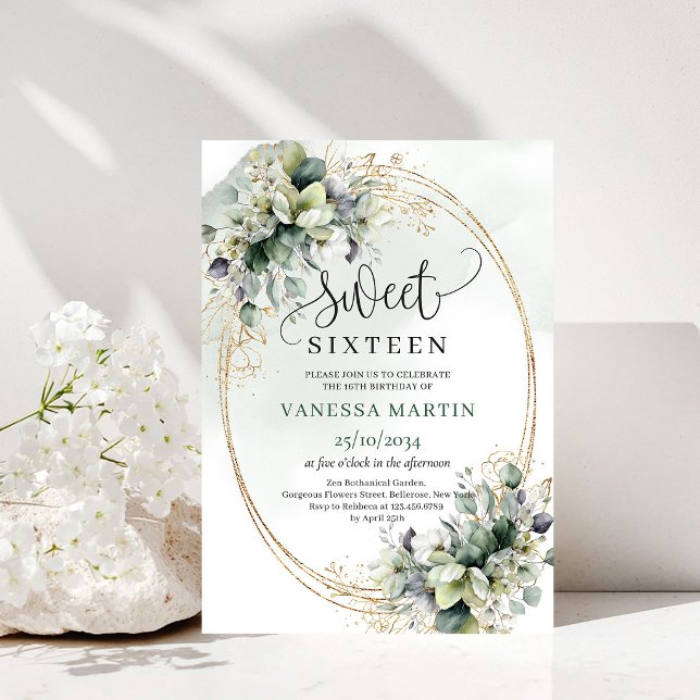 Invitation Douce 16 Ans de Vert de Sauge au style  (Watercolor Greenery Sweet 16 Sage Green Invitation)