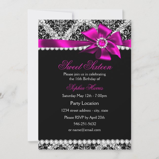 Invitation douce 16 ans Paillettes Damas & Nœud de (Devant)