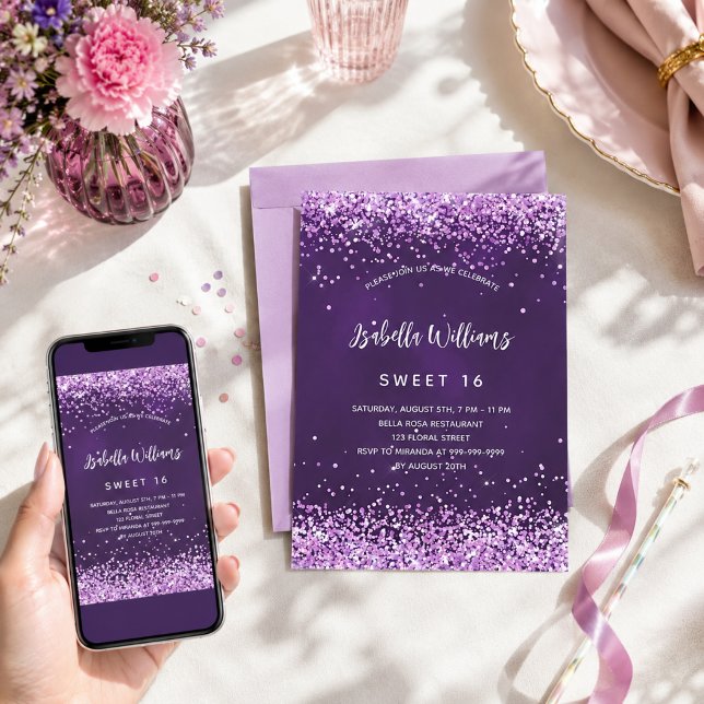 Invitation Douce 16 ans paillettes rose violet glamour (Créateur téléchargé)
