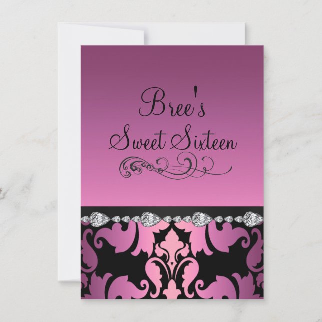Invitation douce 16 ans Pink Damask & Diamond Imag (Devant)