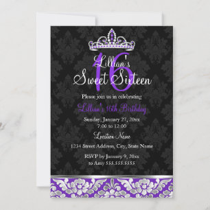 Invitation douce 16 ans Purple Black Damask & Tiar