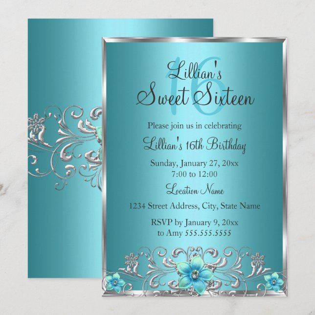 Invitation douce 16 ans Tourbillon Floral Argent B (Devant / Derrière)