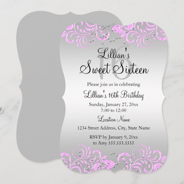 Invitation douce 16 ans tourbillon floral gris ros (Devant / Derrière)