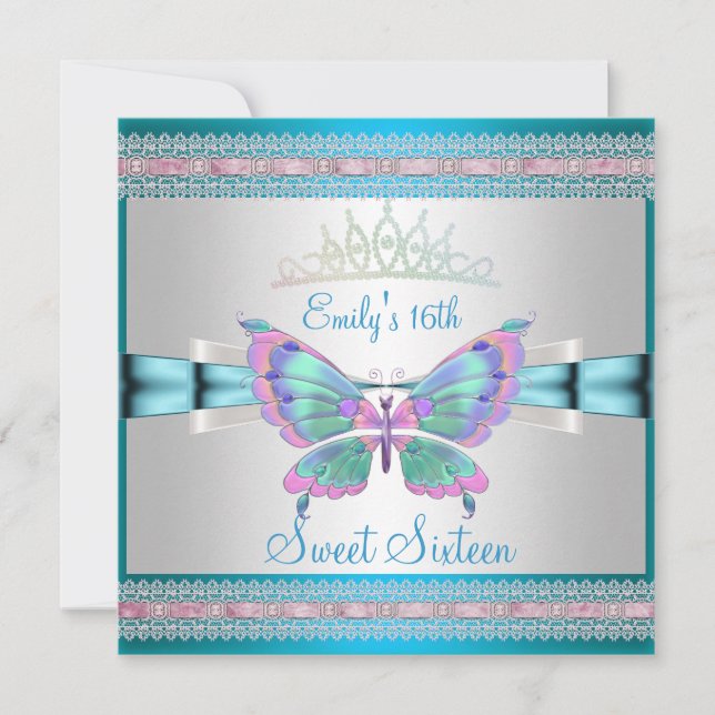 Invitation Douce 16 Blanche Bleu Canard Rose Papillon (Devant)